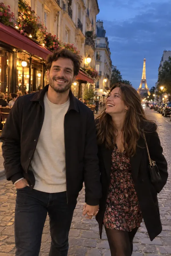 A couple walking hand in hand through a Paris street at dusk