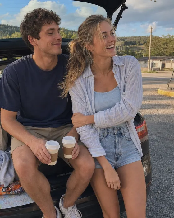 A couple laughing on the back of a car with two coffees